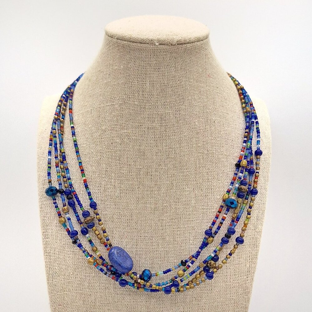 Multi Strand Blue Seed Bead Multicolor Necklace - Picture 1 of 11